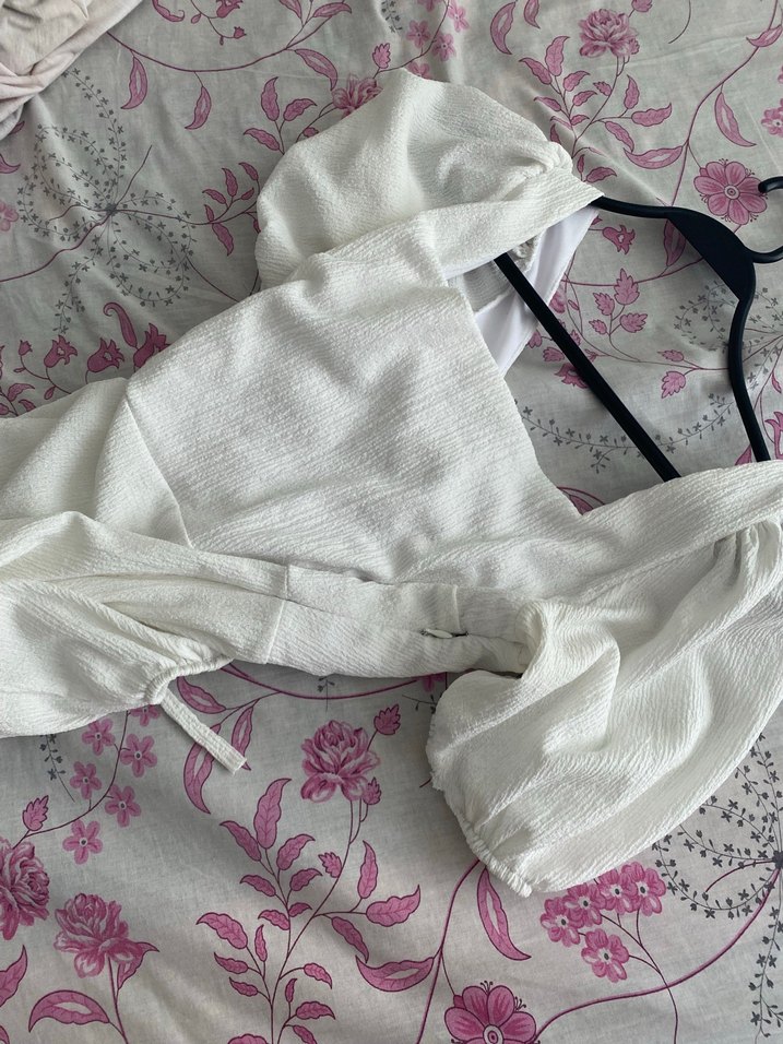 Beyaz V Yaka Keten Uzun Elbise - Görsel 4