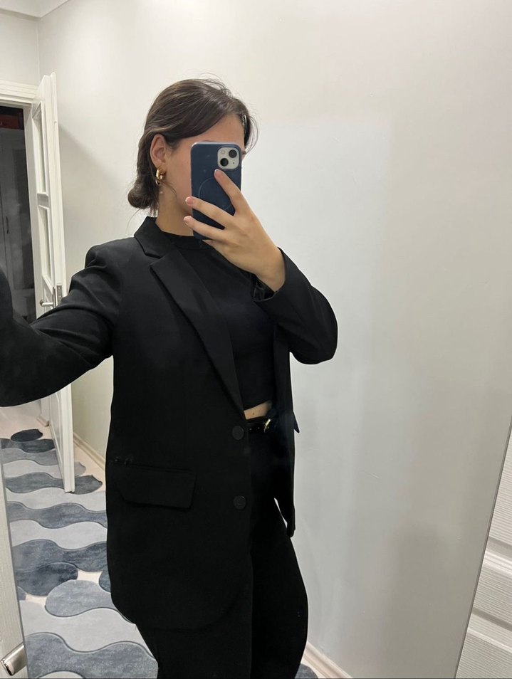 Kadın Siyah Midi Blazer Ceket - Görsel 3