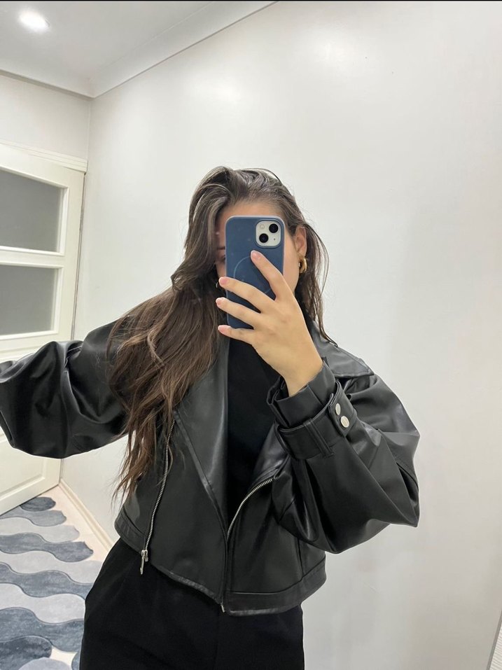 Siyah Kadın Deri Biker Ceket - Görsel 2