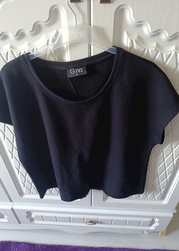 Kadın Siyah Crop Top Kısa Kollu Pamuklu
