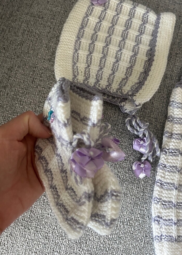 Takım örgü süveter şapka patik - Görsel 4