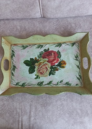 Beden Pembe yeşil Pastel Dekoratif Ahşap Tepsi