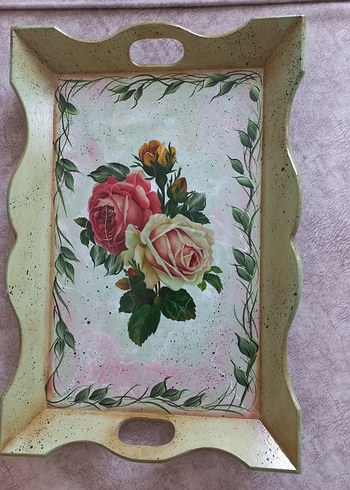 Pembe yeşil Pastel Dekoratif Ahşap Tepsi