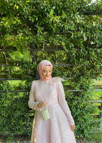 Pembe Uzun Kol Bohem Etnik Desenli Abiye