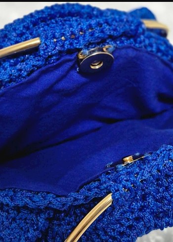 Saks Mavisi örgü gül modelli Kadın Çanta - Görsel 5