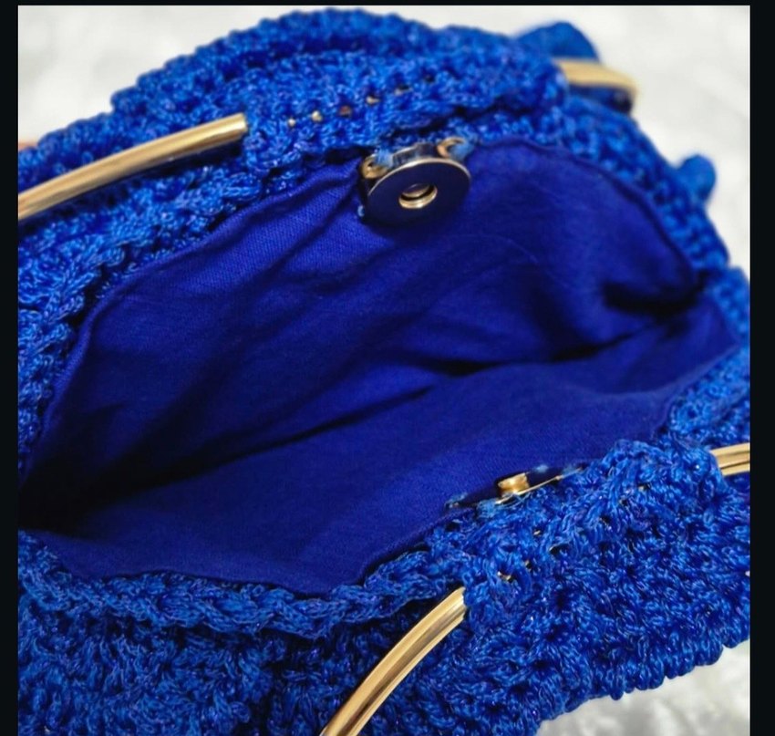 Saks Mavisi örgü gül modelli Kadın Çanta - Görsel 5