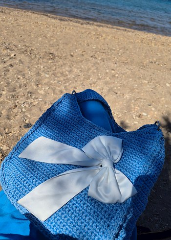 Bebek Mavisi beyaz fiyonklu örgü Çanta - Görsel 5