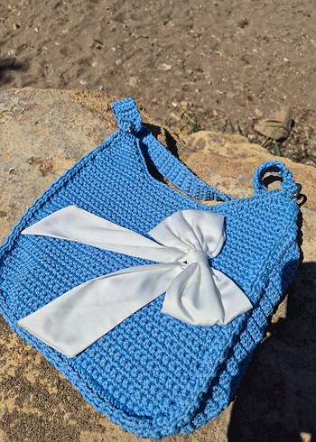 Bebek Mavisi beyaz fiyonklu örgü Çanta - Görsel 3