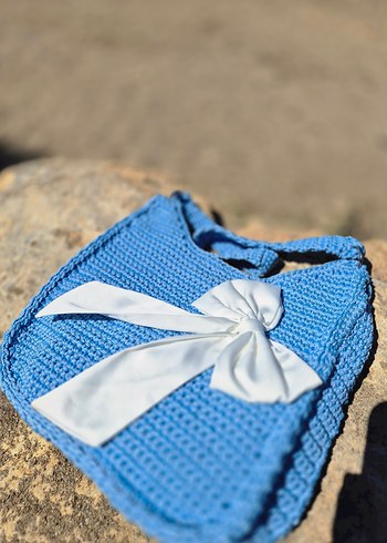 Bebek Mavisi beyaz fiyonklu örgü Çanta - Görsel 2