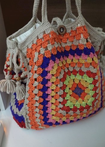 Renkli Püsküllü Örgü Bohem Kadın Çanta - Görsel 5