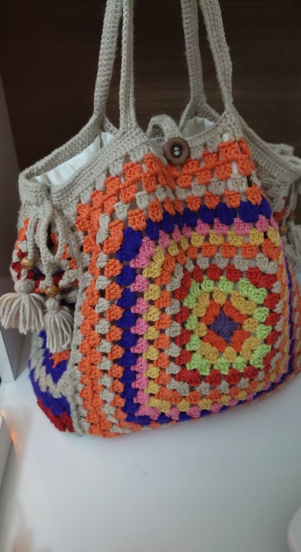 Renkli Püsküllü Örgü Bohem Kadın Çanta - Görsel 5