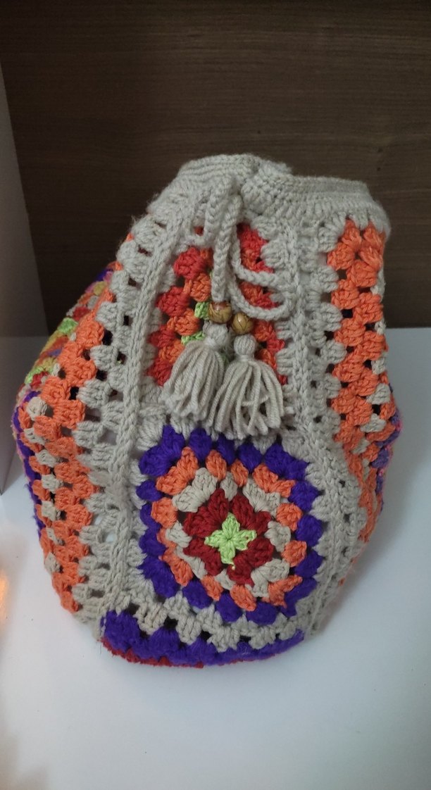 Renkli Püsküllü Örgü Bohem Kadın Çanta - Görsel 2