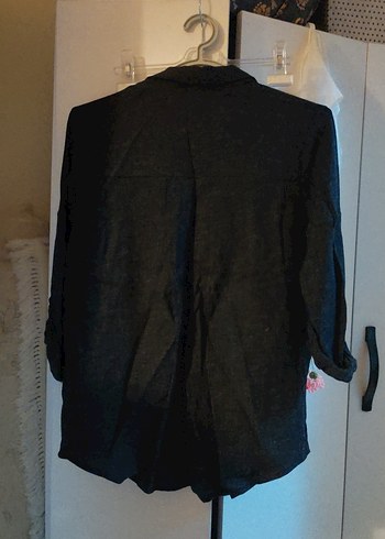 Düğmeli Siyah Keten Kadın Gömlek - Görsel 5