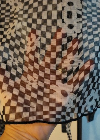 Düğmeli V Yaka Gri Batik Desenli Uzun Kollu şifon Bluz - Görsel 7