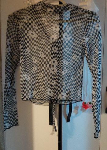 Düğmeli V Yaka Gri Batik Desenli Uzun Kollu şifon Bluz - Görsel 6