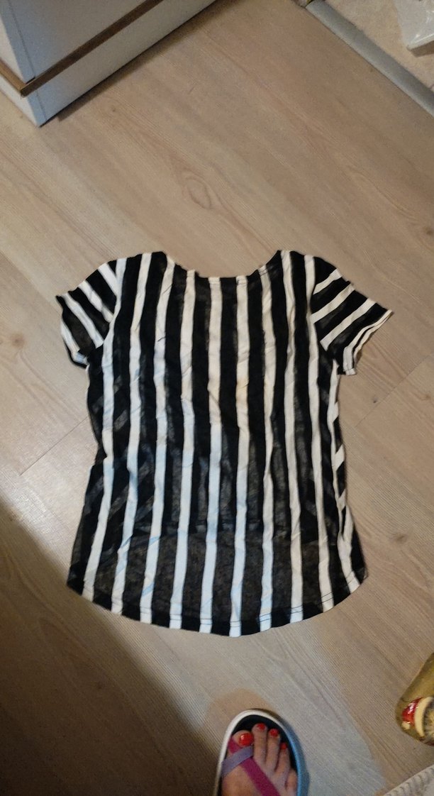 Çizgili, V Yakalı, Kısa Kollu Kadın Bluz şifon - Görsel 4