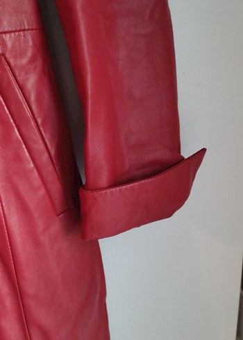 Bordo Uzun Deri Kadın Ceket - Görsel 5