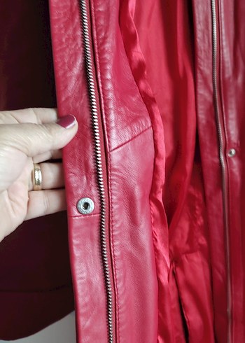 Bordo Uzun Deri Kadın Ceket - Görsel 3