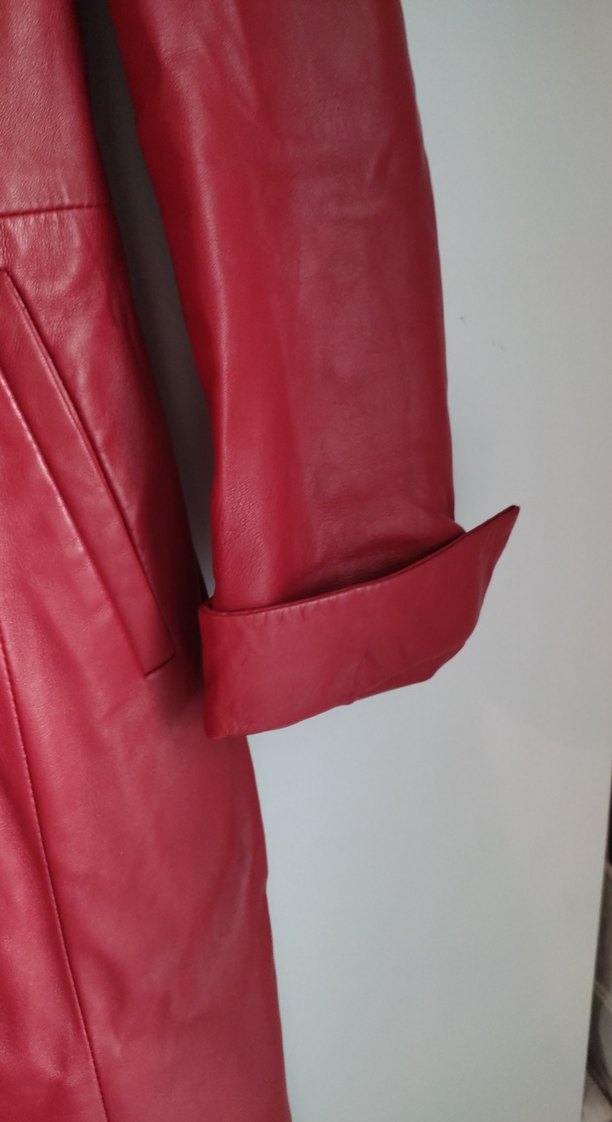 Bordo Uzun Deri Kadın Ceket - Görsel 5