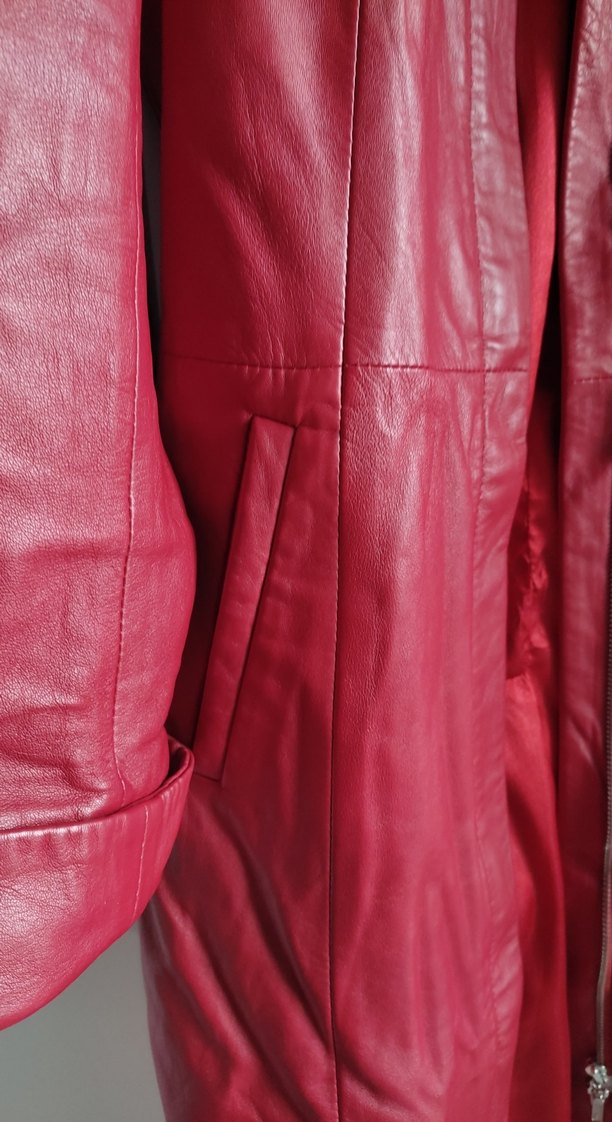 Bordo Uzun Deri Kadın Ceket - Görsel 2