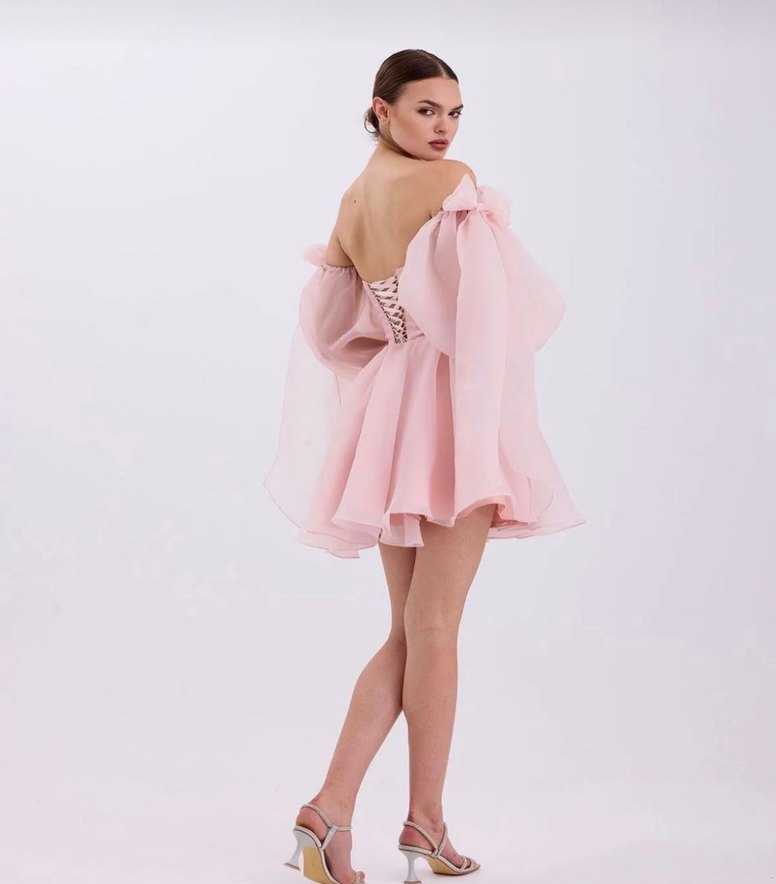 Pudra Pembe Straplez Mini Abiye Elbise - Görsel 2