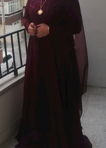44 Beden Bordo Uzun Kollu Drapeli Abiye Elbise