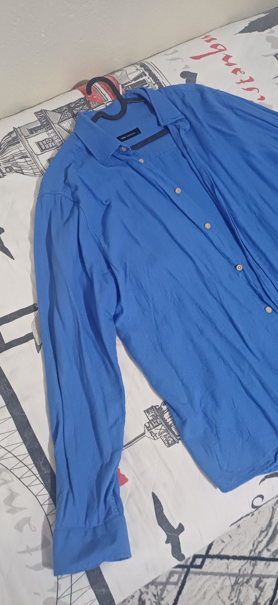 Mavi Düğmeli Uzun Kollu Erkek Keten Gömlek - Görsel 2