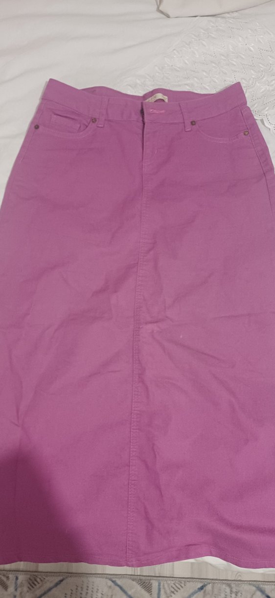 Düğmeli Pembe Midi Kot Etek - Görsel 2