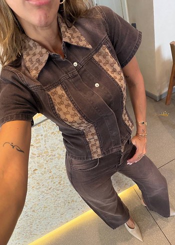 Gucci Monogram Desenli Kahverengi Denim Gomlek
