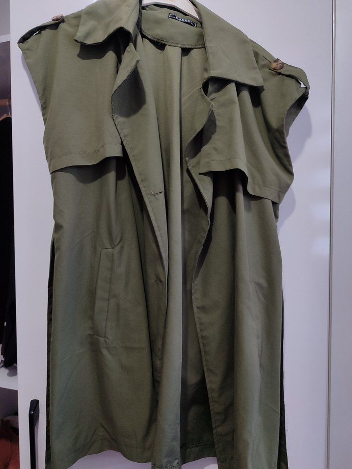 Kadın Haki Uzun Kolsuz Trençkot - Görsel 3