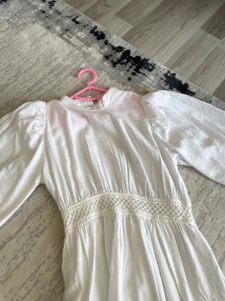 Dantel Detaylı Beyaz Bohem Uzun Keten Elbise - Görsel 2