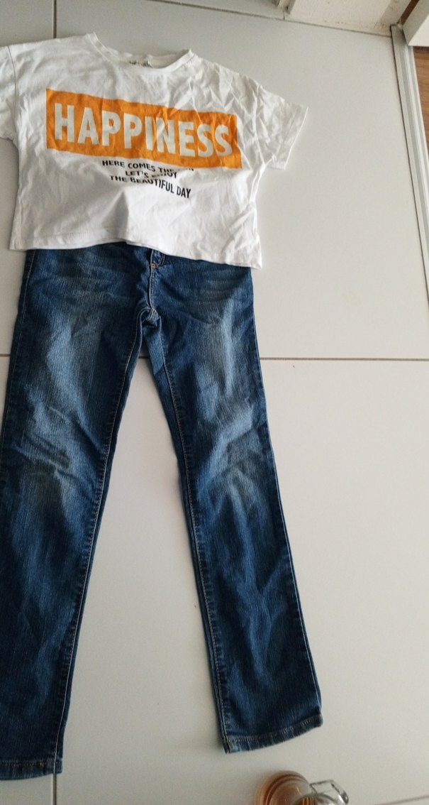 kız çocuk Mavi Normal Boy Kot Pantolon ve tşört - Görsel 5