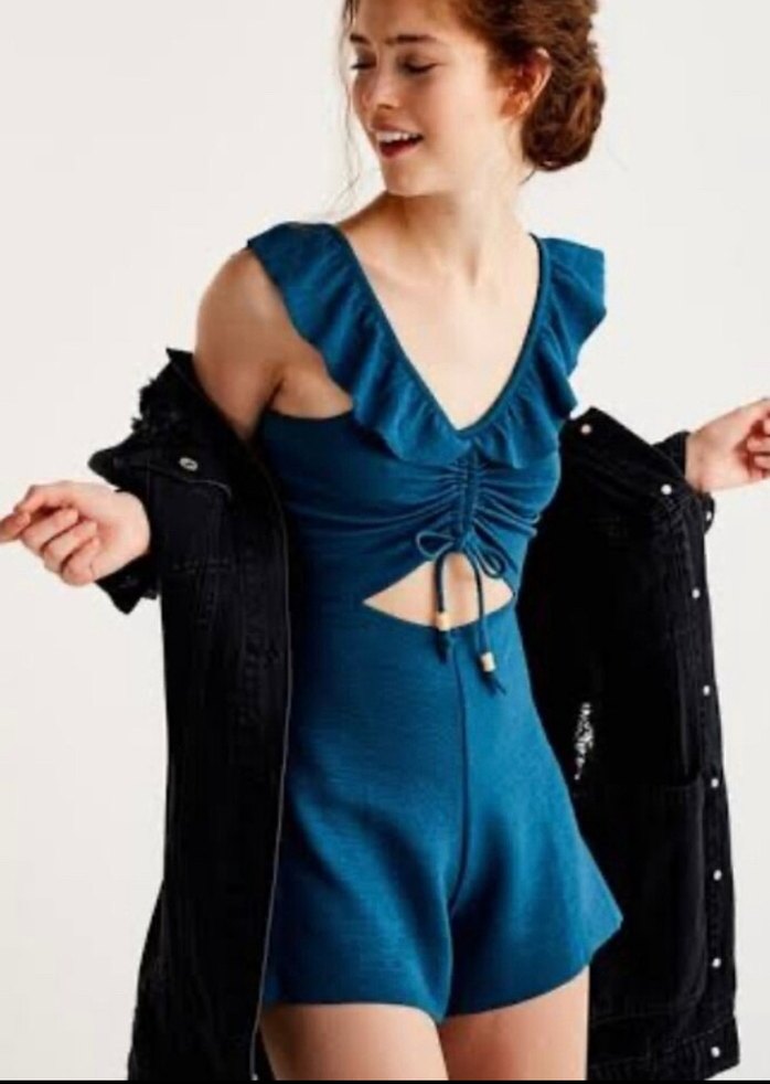 Kadın Mavi Volanlı Kısa Tulum - Görsel 2