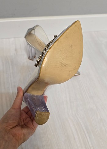 Altın Renkli Cam Topuklu Çiçekli Abiye Ayakkabı - Görsel 2