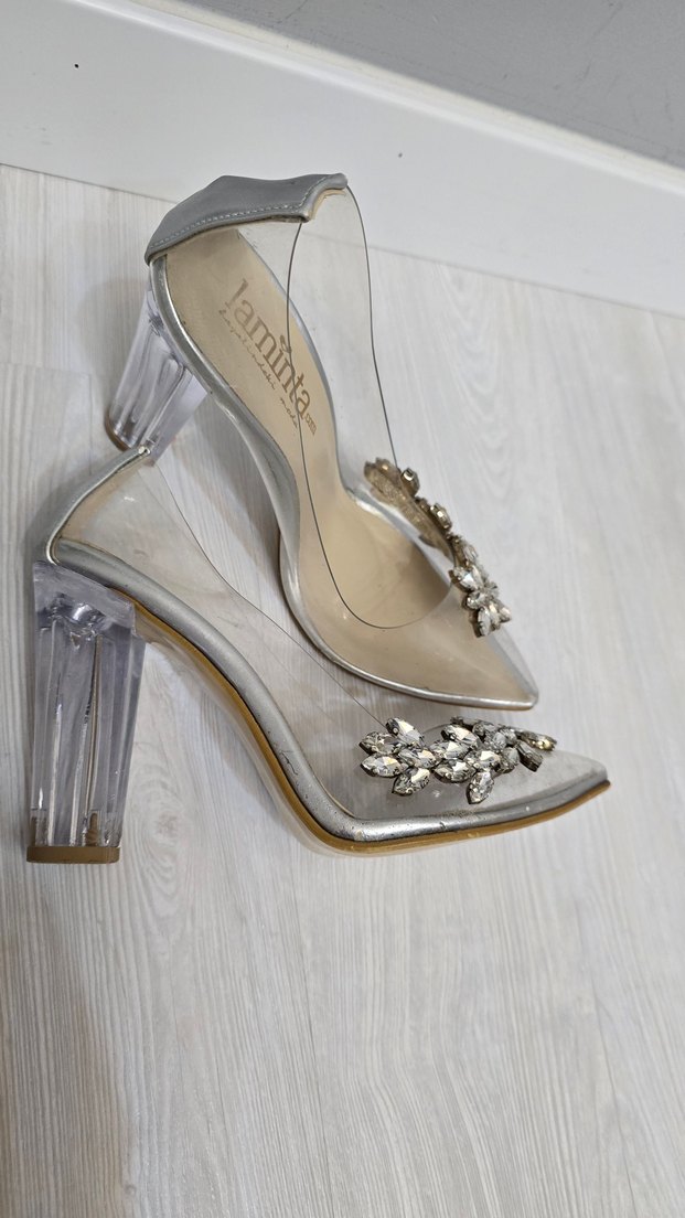 Altın Renkli Cam Topuklu Çiçekli Abiye Ayakkabı - Görsel 5