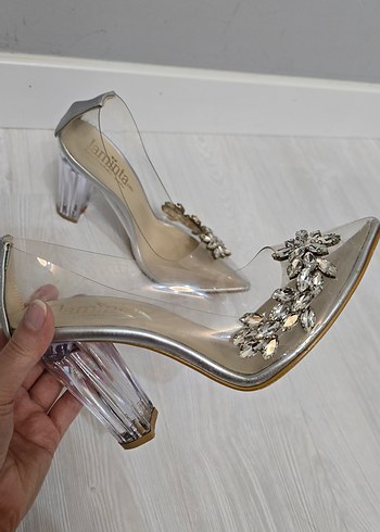 Bej Çiçekli Şeffaf Yüksek Topuklu Kadın Ayakkabı - Görsel 8