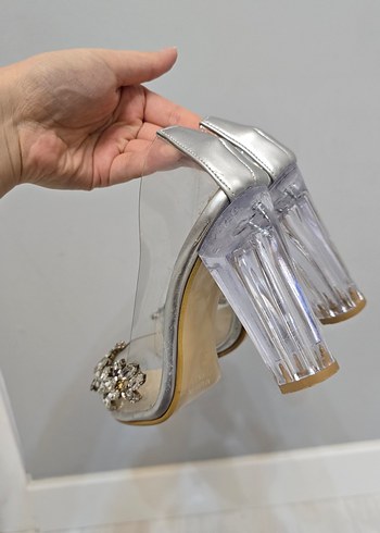 Bej Çiçekli Şeffaf Yüksek Topuklu Kadın Ayakkabı - Görsel 7