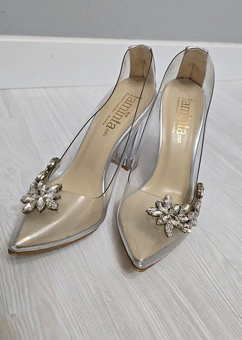 Bej Çiçekli Şeffaf Yüksek Topuklu Kadın Ayakkabı - Görsel 2