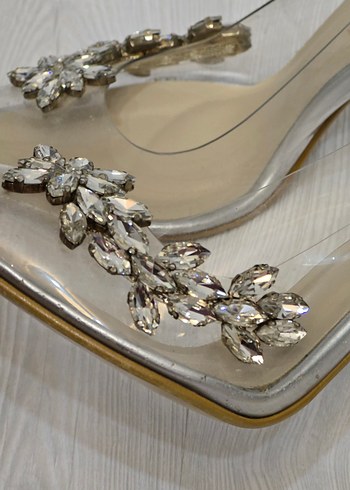 Bej Çiçekli Şeffaf Yüksek Topuklu Kadın Ayakkabı - Görsel 3