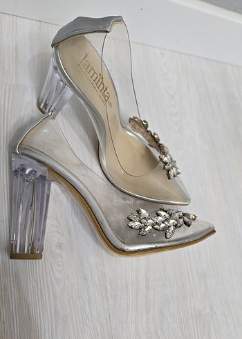 Bej Çiçekli Şeffaf Yüksek Topuklu Kadın Ayakkabı - Görsel 6