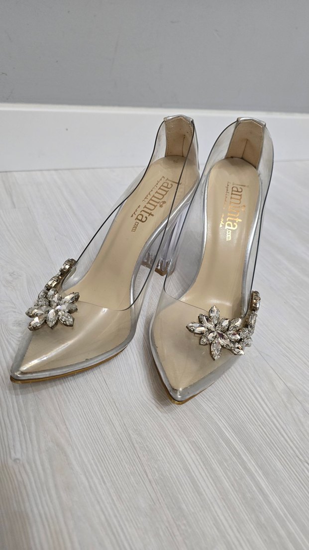 Bej Çiçekli Şeffaf Yüksek Topuklu Kadın Ayakkabı - Görsel 2