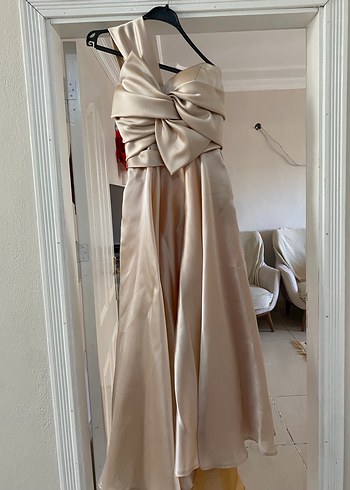 Bej Drapeli Straplez Uzun Abiye Elbise - Görsel 5