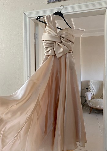 Bej Drapeli Straplez Uzun Abiye Elbise - Görsel 3