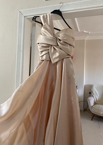 Bej Drapeli Straplez Uzun Abiye Elbise - Görsel 2