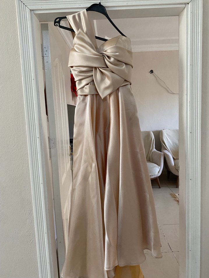 Bej Drapeli Straplez Uzun Abiye Elbise - Görsel 5