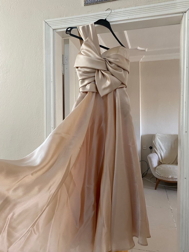 Bej Drapeli Straplez Uzun Abiye Elbise - Görsel 3