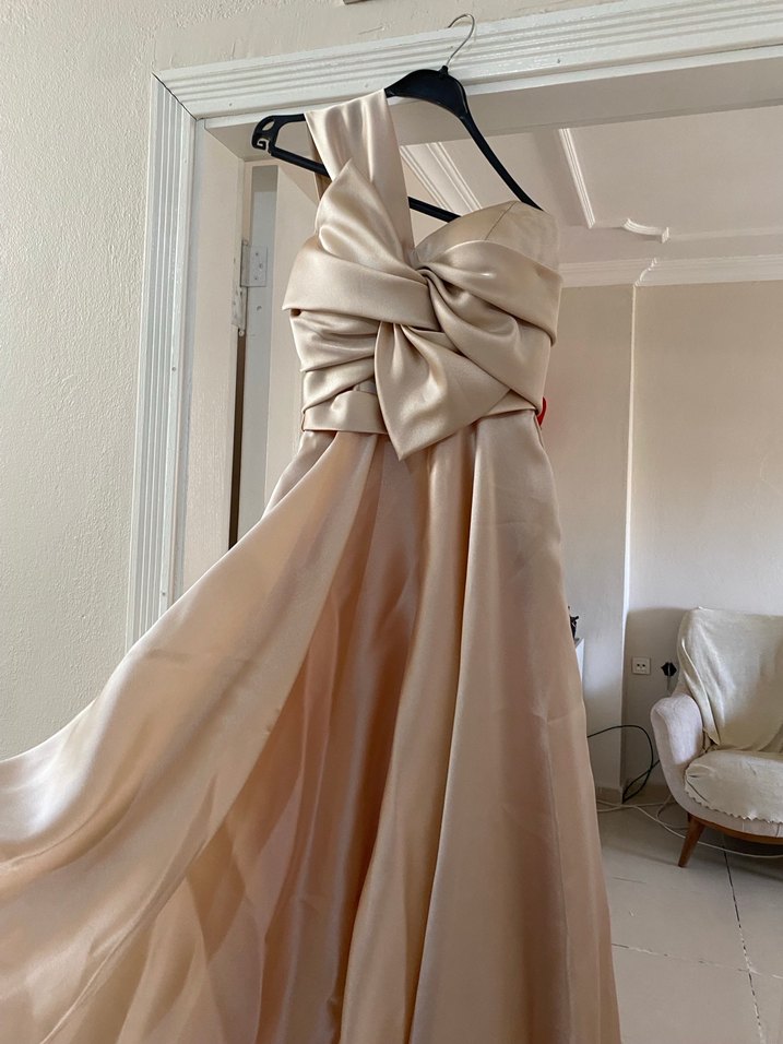 Bej Drapeli Straplez Uzun Abiye Elbise - Görsel 2