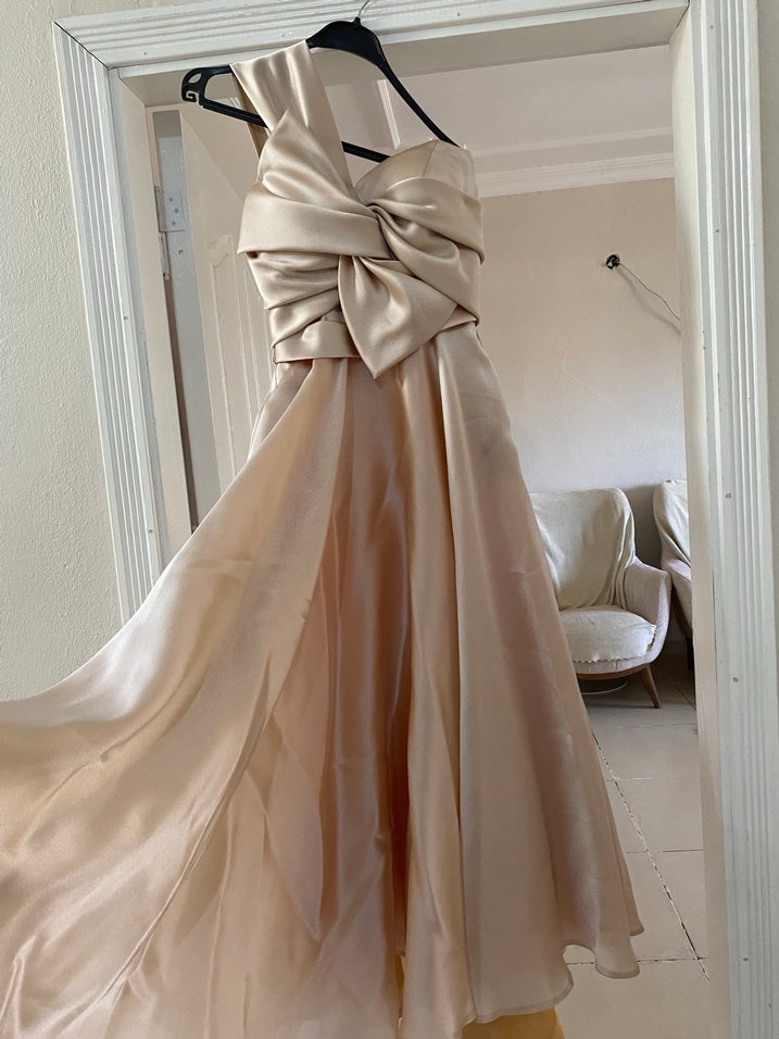 Bej Drapeli Straplez Uzun Abiye Elbise - Görsel 4