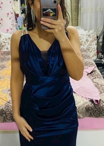 Lacivert Drapeli Uzun Abiye Elbise - Görsel 2