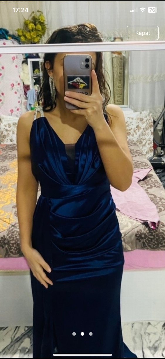 Lacivert Drapeli Uzun Abiye Elbise - Görsel 2